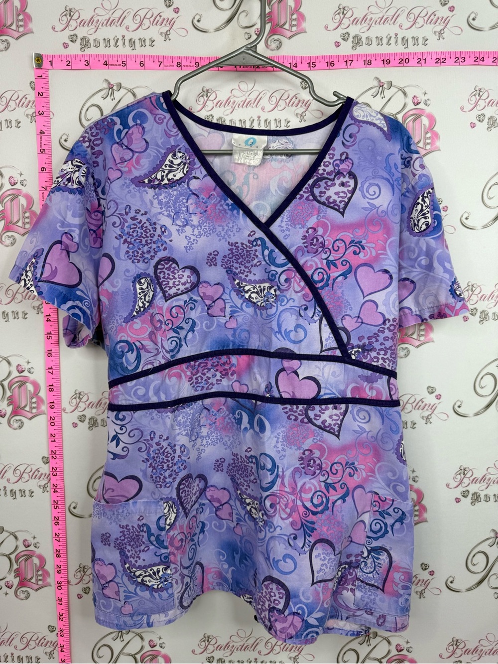 Scrubs top tie up waist Women’s Purple Heart Print Short Sleeve Scrub Top